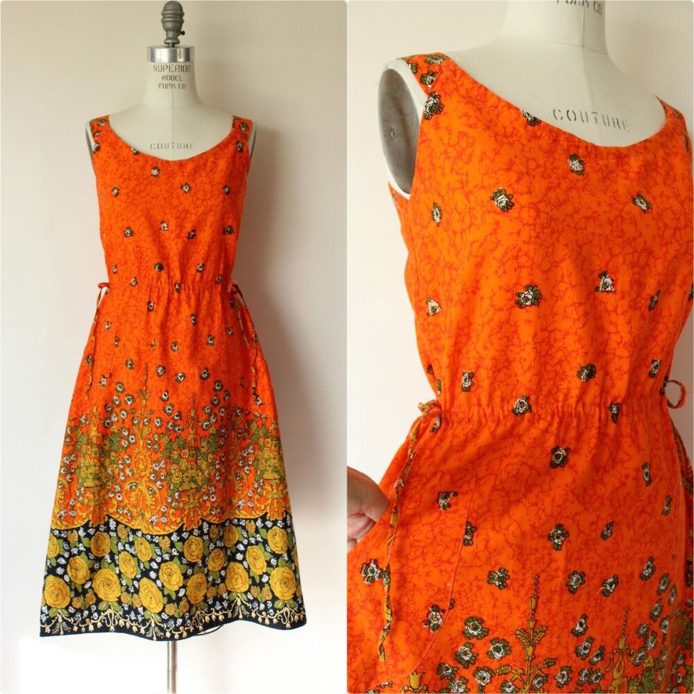 Vintage 1970s 1980s Dress with Pockets, Orange and Black Floral Print Sundress,